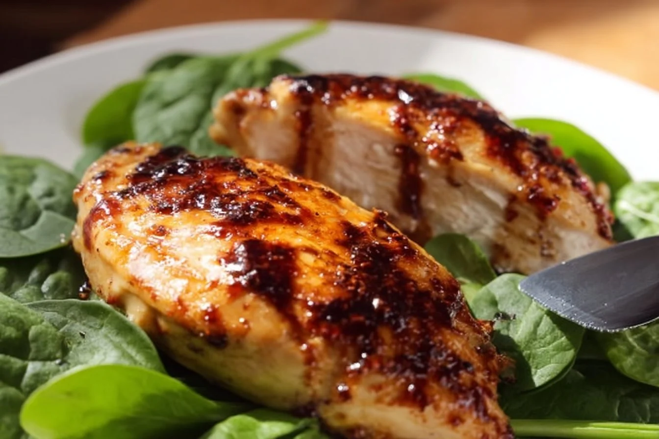 Baked balsamic chicken breast garnished with herbs on a plate