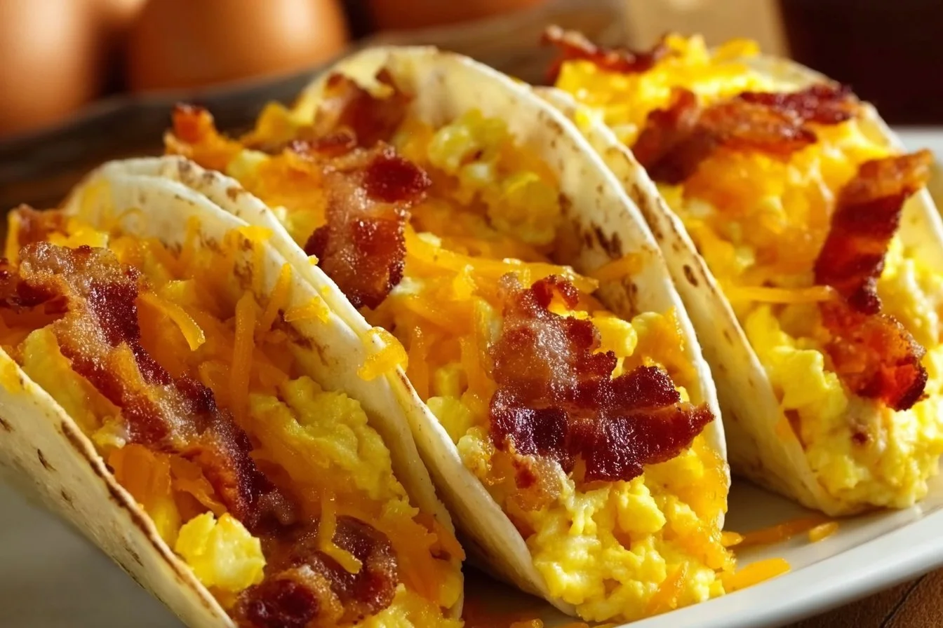 Baked Breakfast Tacos 4 A plate of baked breakfast tacos filled with eggs and cheese.