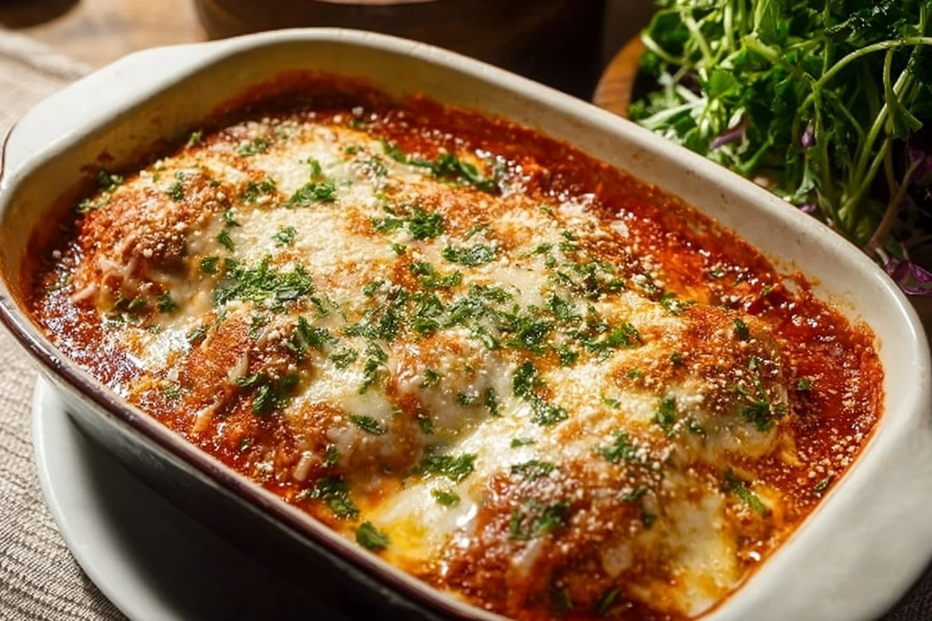 Baked Chicken Parmesan 5 Plate of baked chicken parmesan with melted cheese and marinara sauce