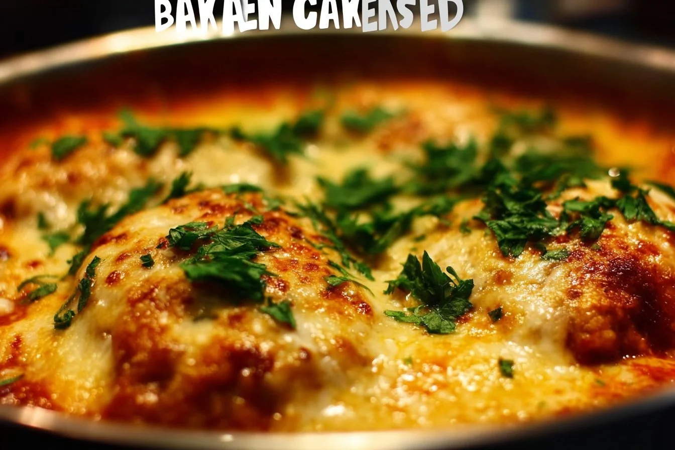 Delicious baked chicken parmesan served with marinara sauce and cheese