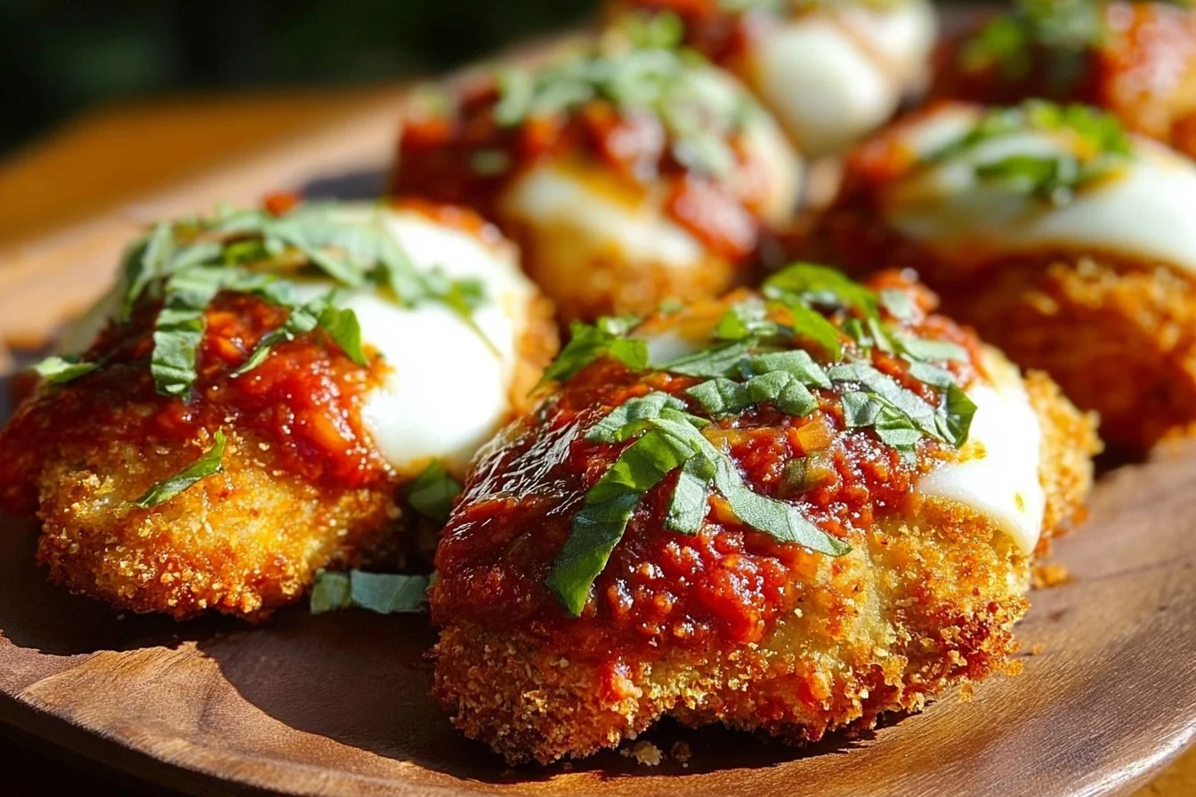 Baked Chicken Parmesan served with marinara sauce and melted cheese