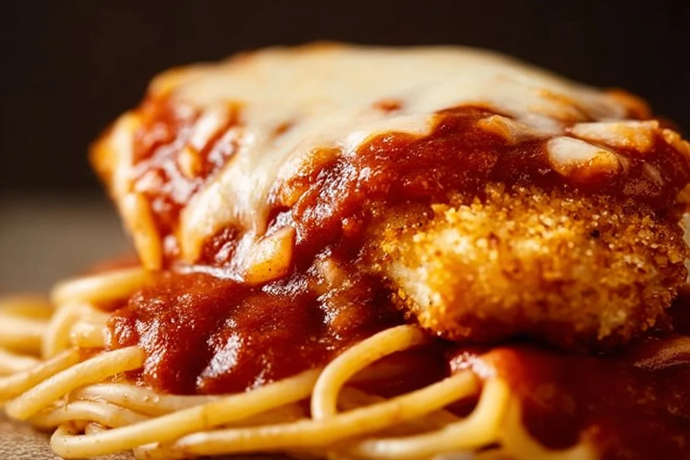 Baked chicken parmesan topped with melted cheese and fresh basil on a plate