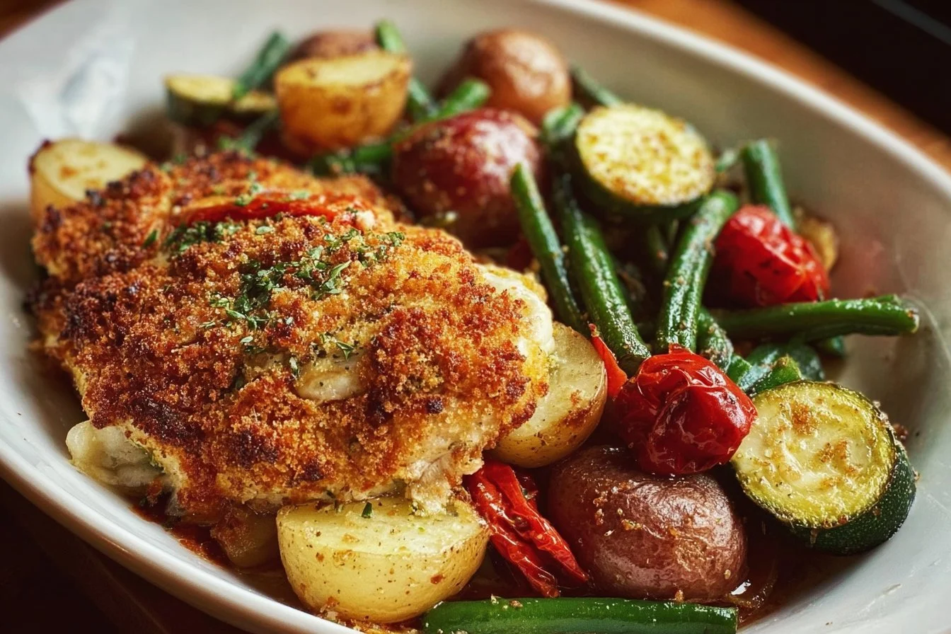 Baked Chicken Parmesan and Veggies 4 Delicious baked chicken parmesan served with roasted vegetables