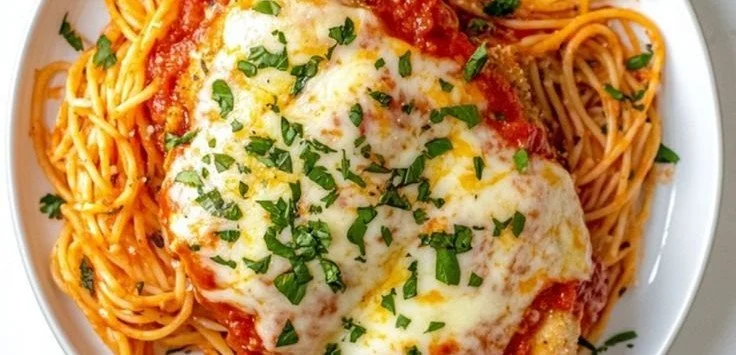 Baked Chicken Parmesan with Spaghetti and Marinara