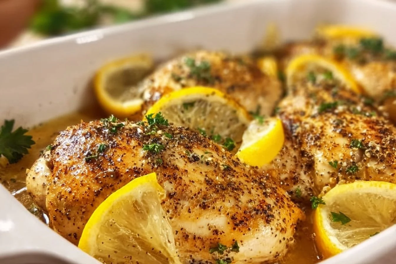 Baked Garlic Lemon Pepper Chicken 4 Baked garlic lemon pepper chicken on a plate with herbs