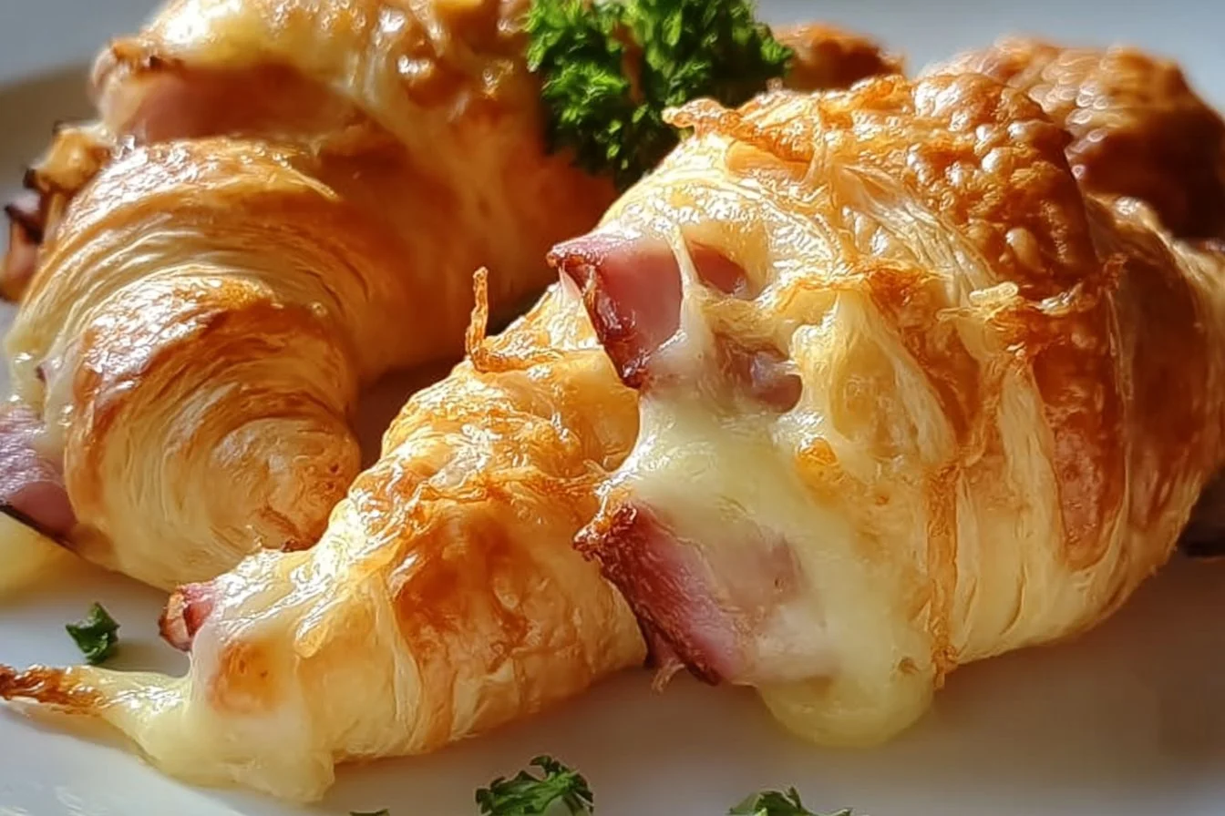 Freshly baked ham and cheese croissants on a wooden platter