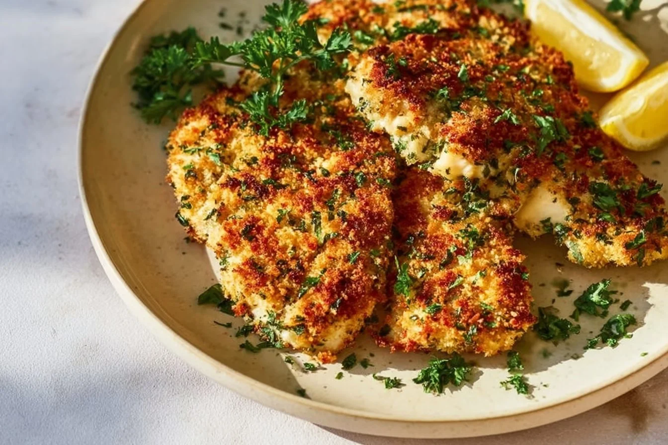 Baked Parmesan-Crusted Chicken Breasts 4 Baked Parmesan-crusted chicken breasts served on a plate with fresh herbs.