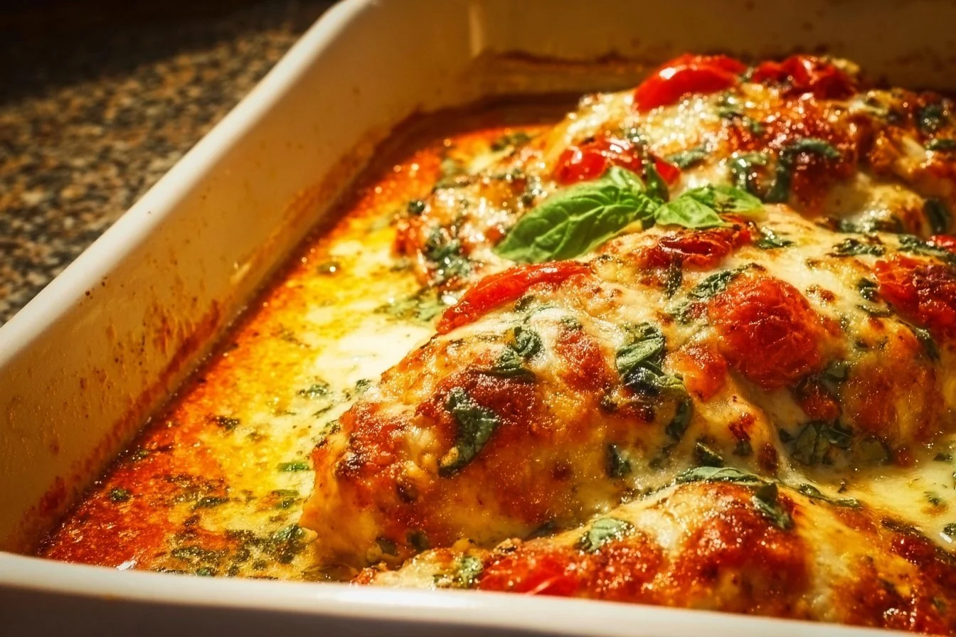 Baked Ricotta Chicken 5 Baked Ricotta Chicken with herbs and cheese on a serving plate