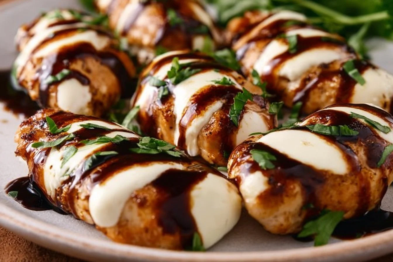 Balsamic Baked Chicken Breast with Mozzarella Cheese 4 Balsamic baked chicken breast topped with melted mozzarella cheese, served on a plate.