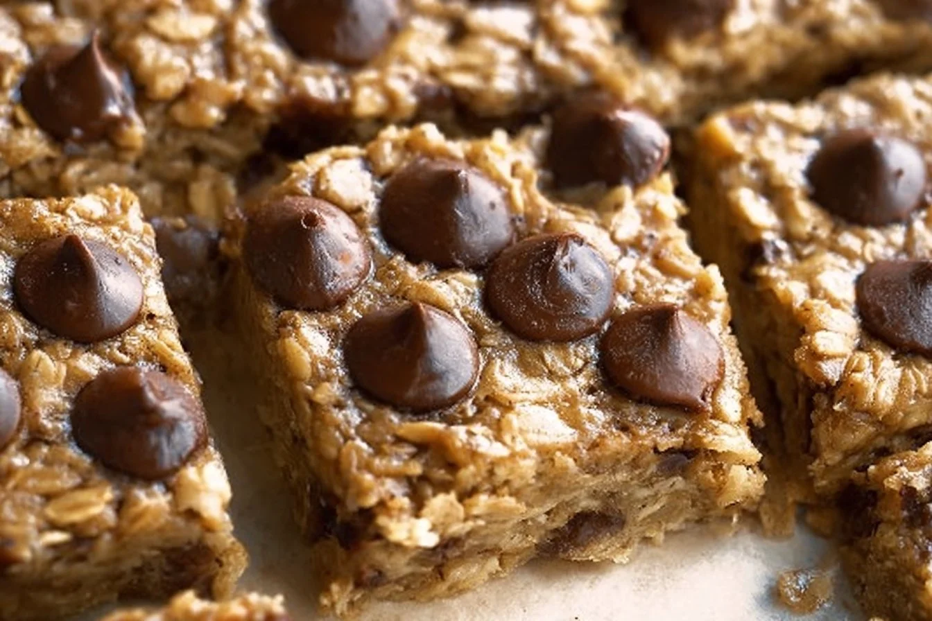 Delicious banana oatmeal meal prep breakfast bars stacked on a plate