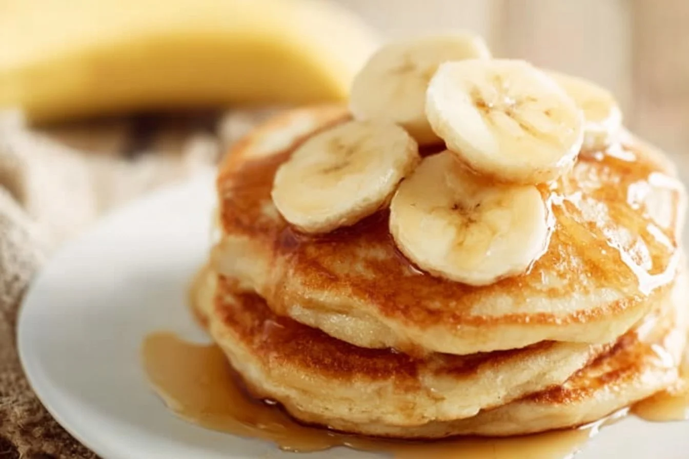 Delicious banana pancakes stacked with syrup and fresh banana slices