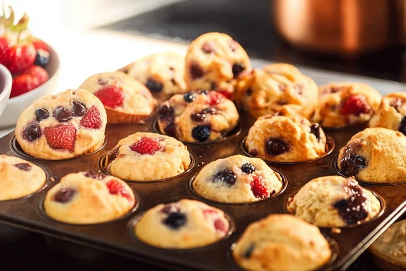 Bite-Sized Pancake Mini Muffins 5 Bite-sized pancake muffins displayed on a plate for breakfast.