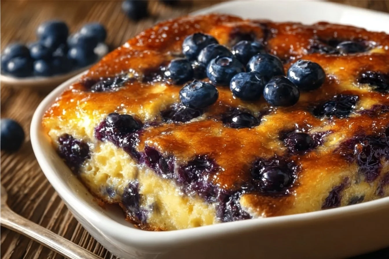 Blueberry Buttermilk Pancake Casserole 4 Blueberry Buttermilk Pancake Casserole served warm with fresh blueberries