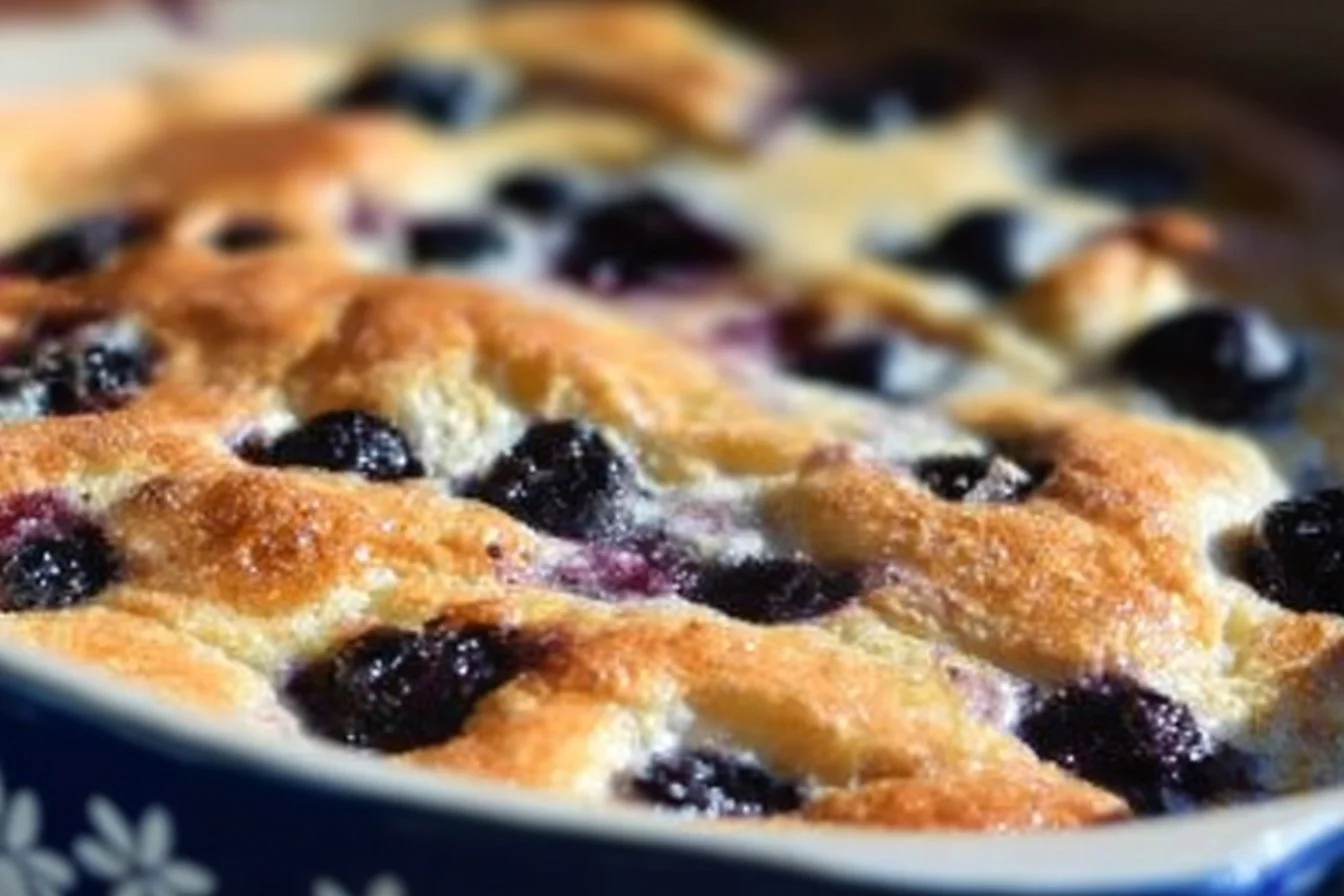 Delicious blueberry buttermilk pancake casserole baked until golden brown
