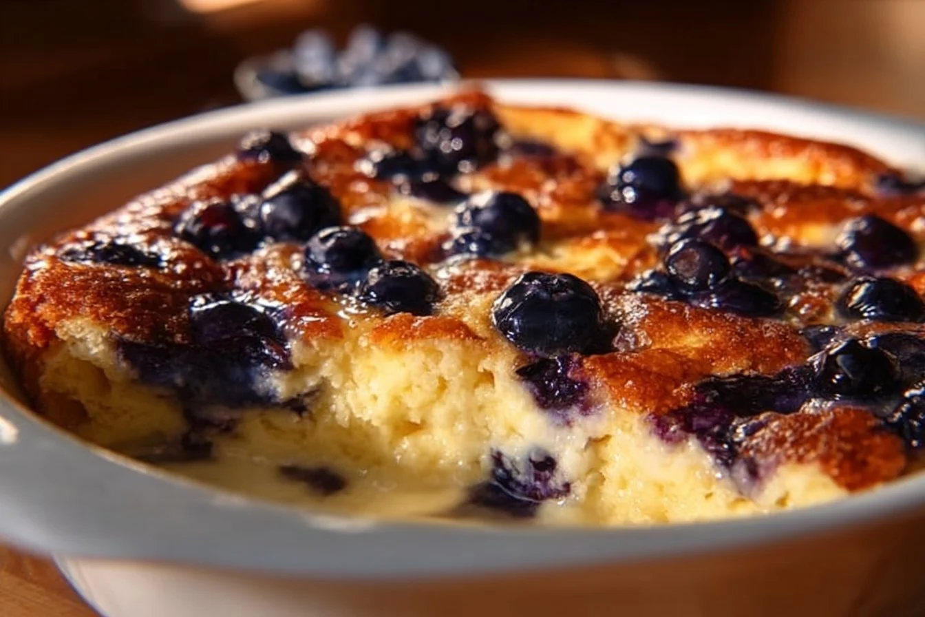 Delicious blueberry buttermilk pancake casserole served in a baking dish
