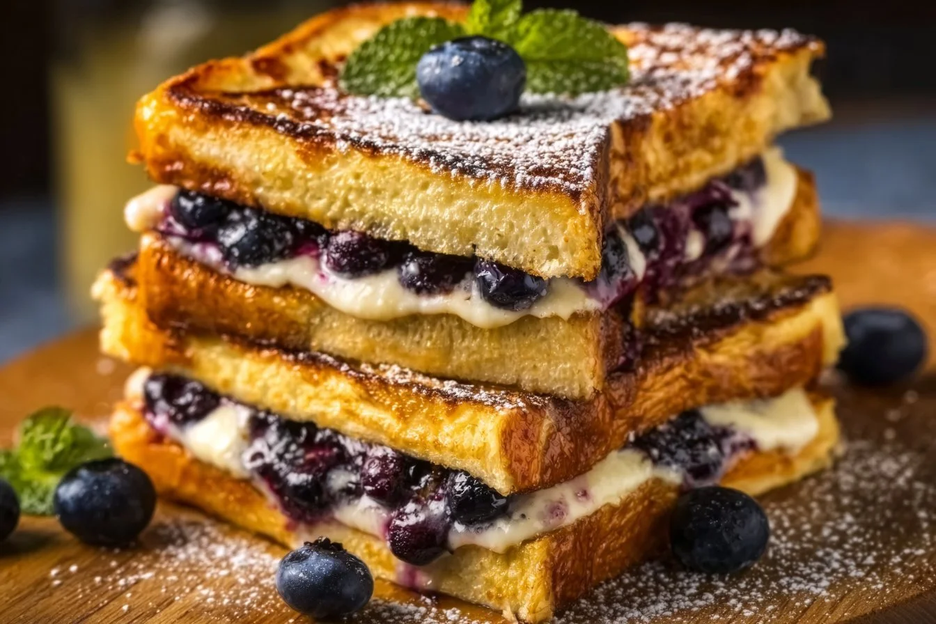 Delicious blueberry stuffed French toast topped with fresh blueberries and syrup