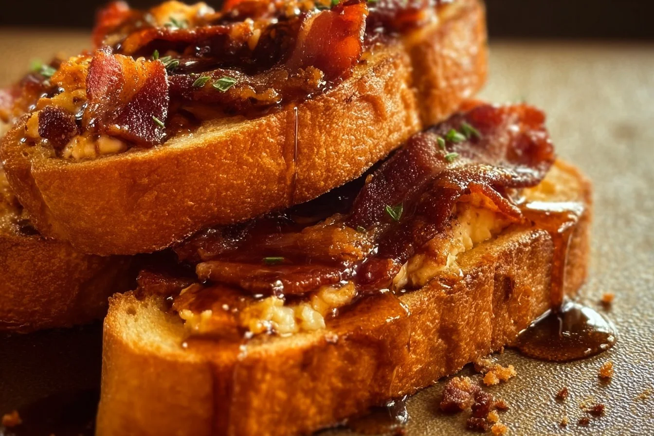 Bourbon Maple Bacon Stuffed Toast 4 Bourbon Maple Bacon Stuffed Toast with syrup and crispy bacon on a plate