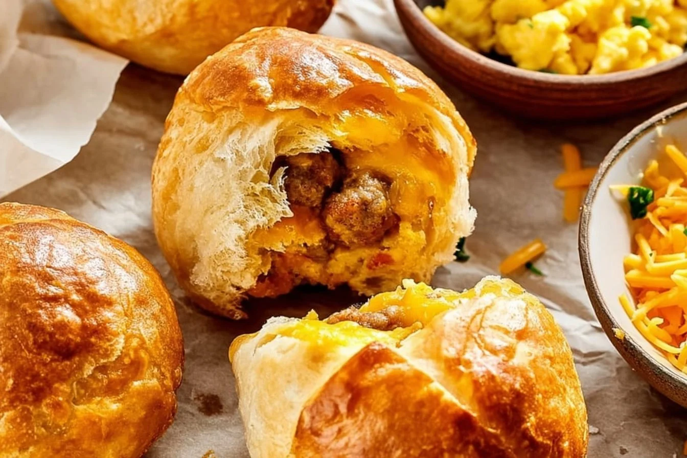 Plate of homemade breakfast biscuit bombs fresh out of the oven