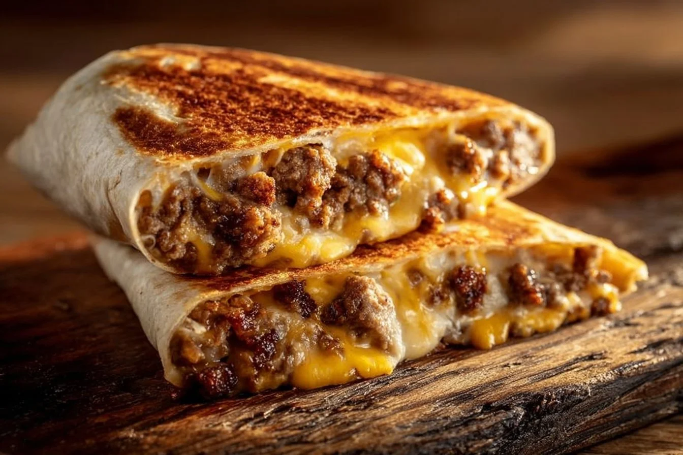 Delicious breakfast burrito grilled cheese sandwich served on a plate
