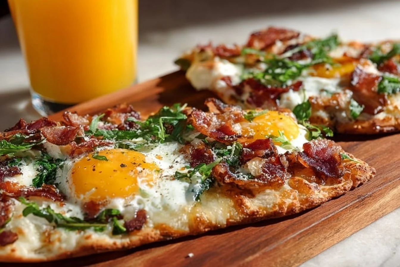 Breakfast Flatbreads 4 Delicious breakfast flatbreads topped with various ingredients ready to serve.