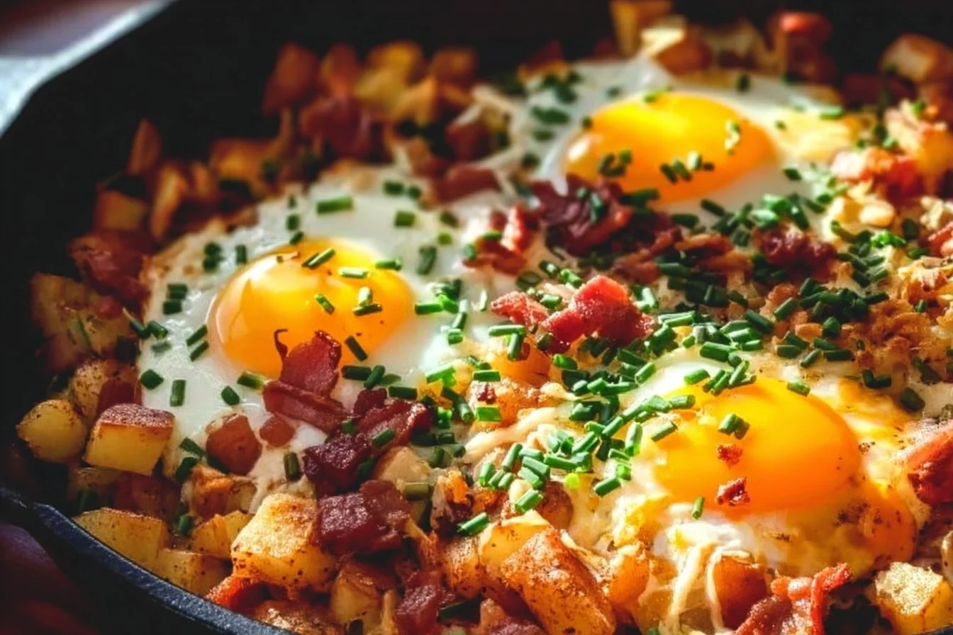 Delicious breakfast hash topped with fresh herbs and served on a plate.