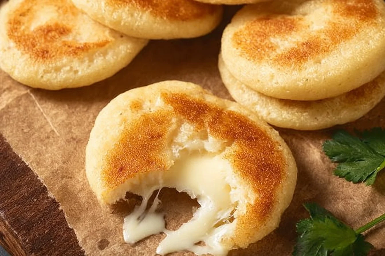 Homemade Cheese Arepas served with toppings on a wooden plate