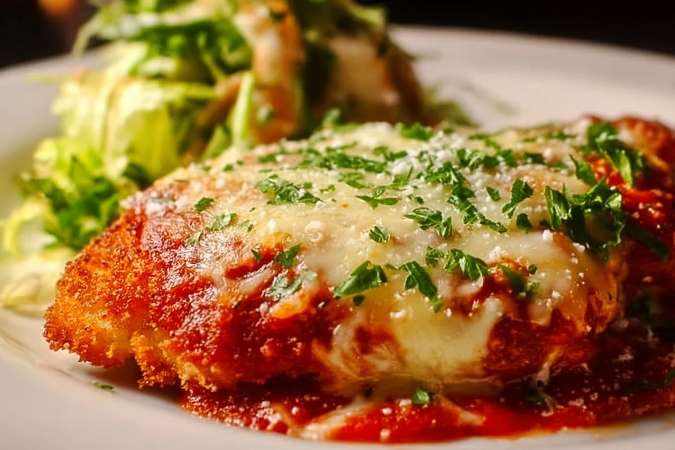 Cheesy Chicken Parmesan 4 Delicious plate of Cheesy Chicken Parmesan topped with melted cheese and fresh herbs