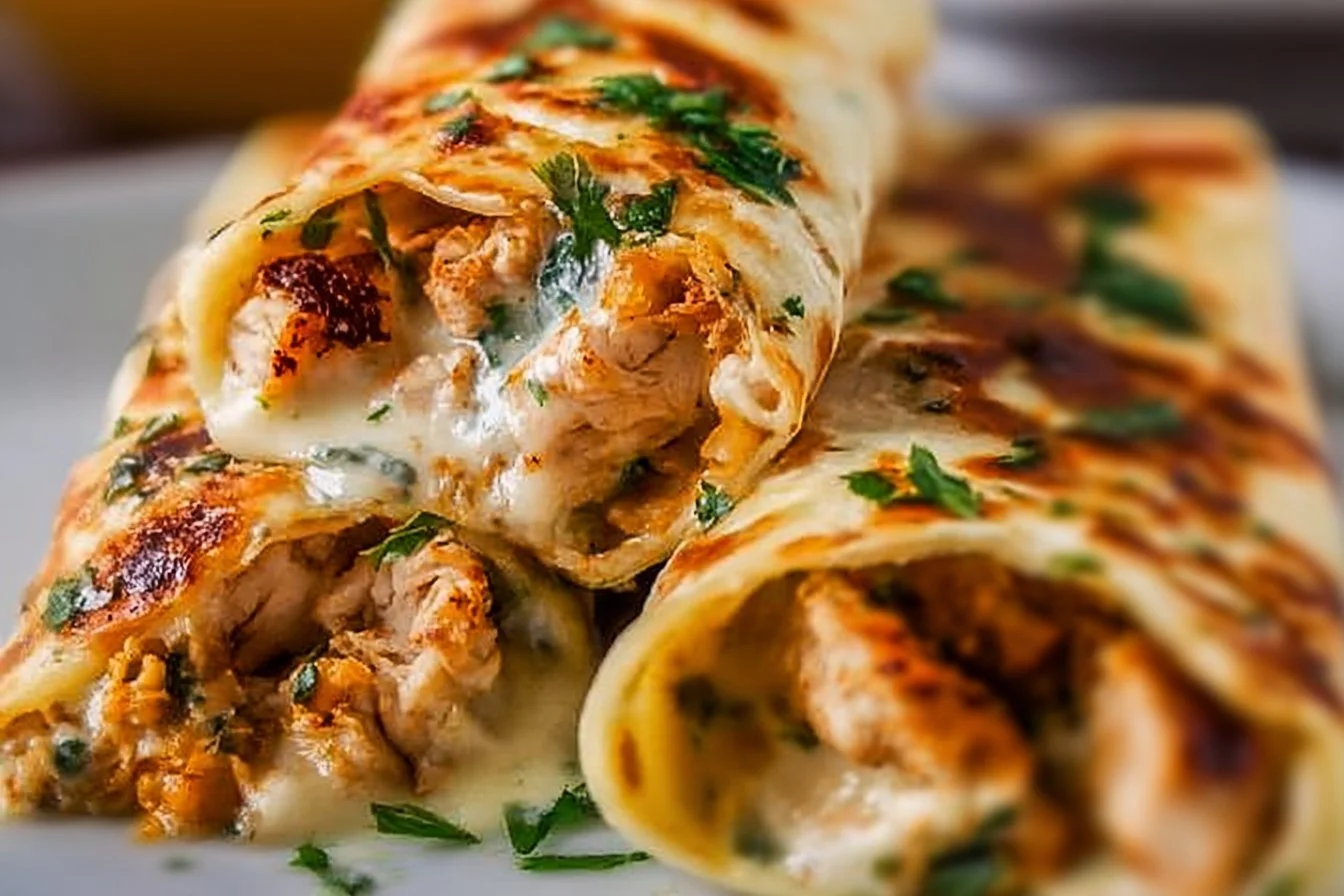 Cheesy Garlic Chicken Wraps 5 Delicious cheesy garlic chicken wraps on a plate ready to eat