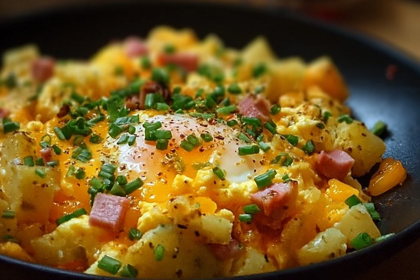 Cheesy Potato Egg Scramble 5 Cheesy potato egg scramble served in a bowl, garnished with herbs.