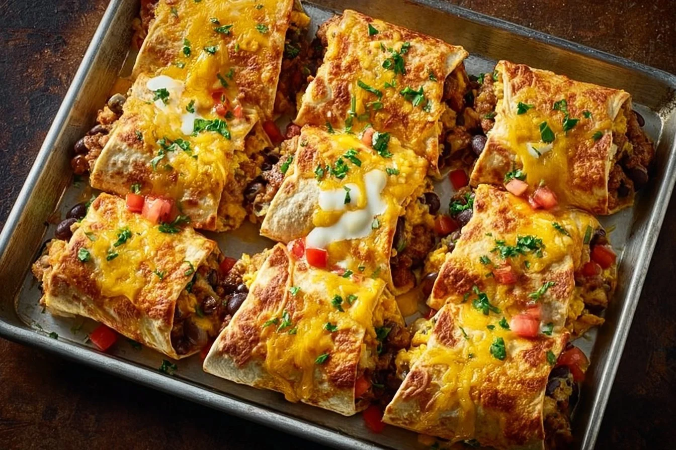 Cheesy sheet pan breakfast burritos baked to perfection on a baking sheet