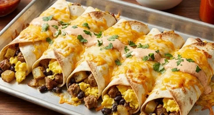Cheesy Sheet Pan Breakfast Burritos