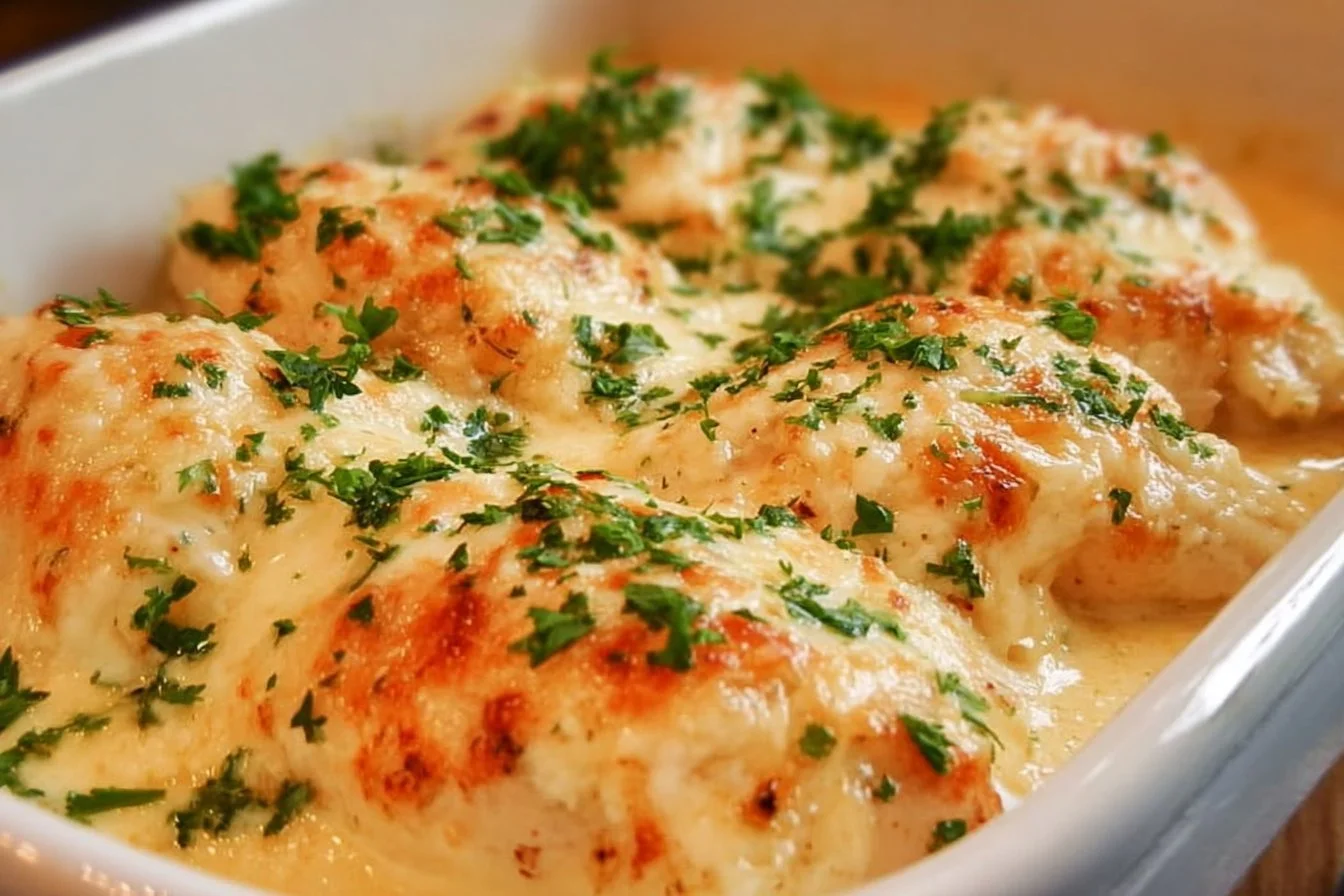 Cheesy sour cream chicken breasts served on a plate with herbs and side dishes.