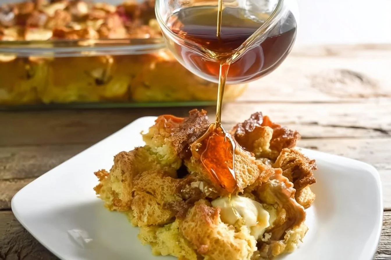 Delicious Chicken and Waffle Casserole served warm with syrup.