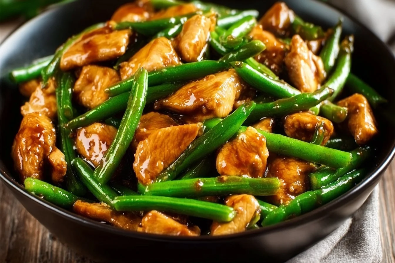 Delicious chicken breast served with vibrant green beans on a plate.