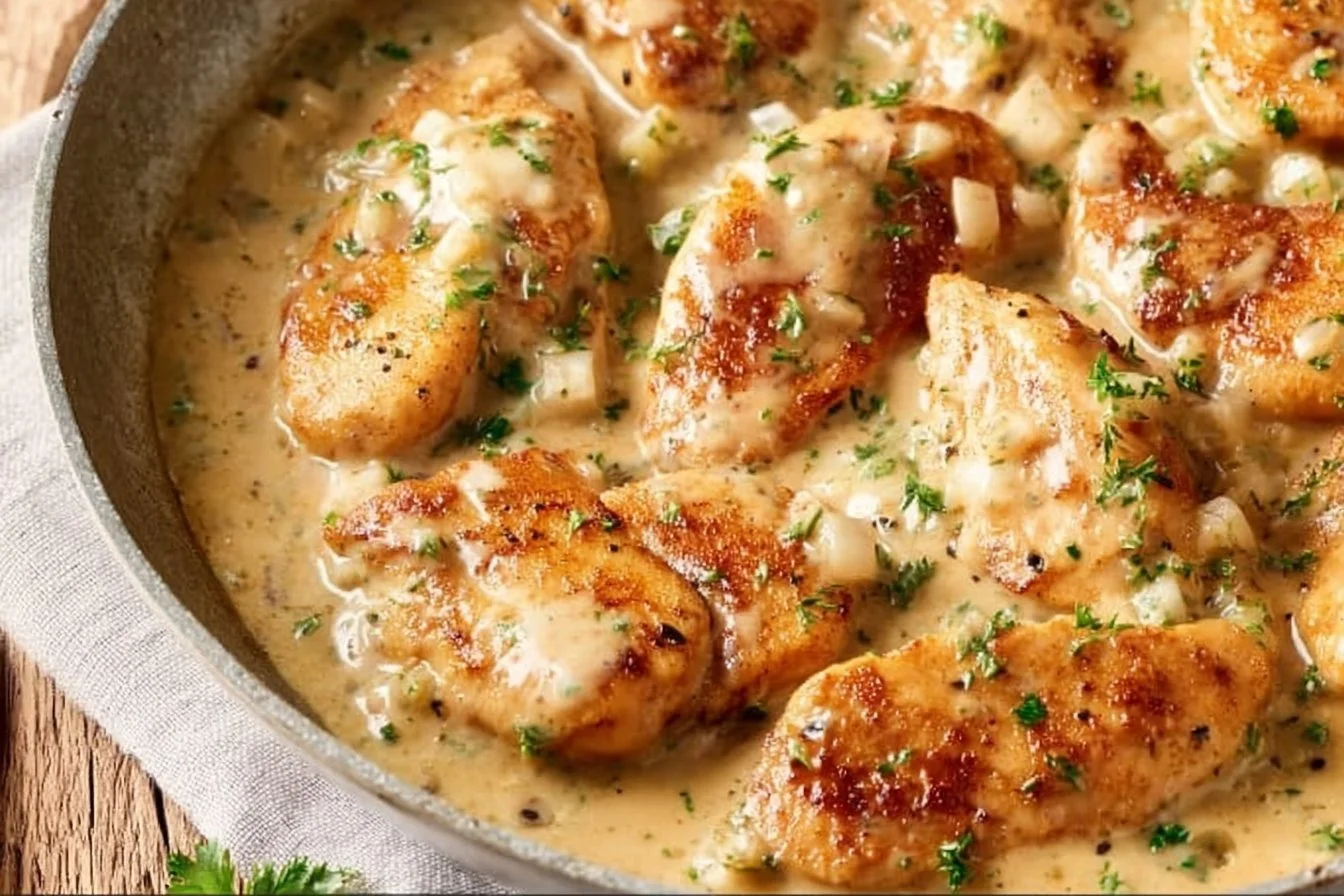 Chicken Breasts in Creamy Garlic Sauce 5 Delicious chicken breasts in creamy garlic sauce ready to be served