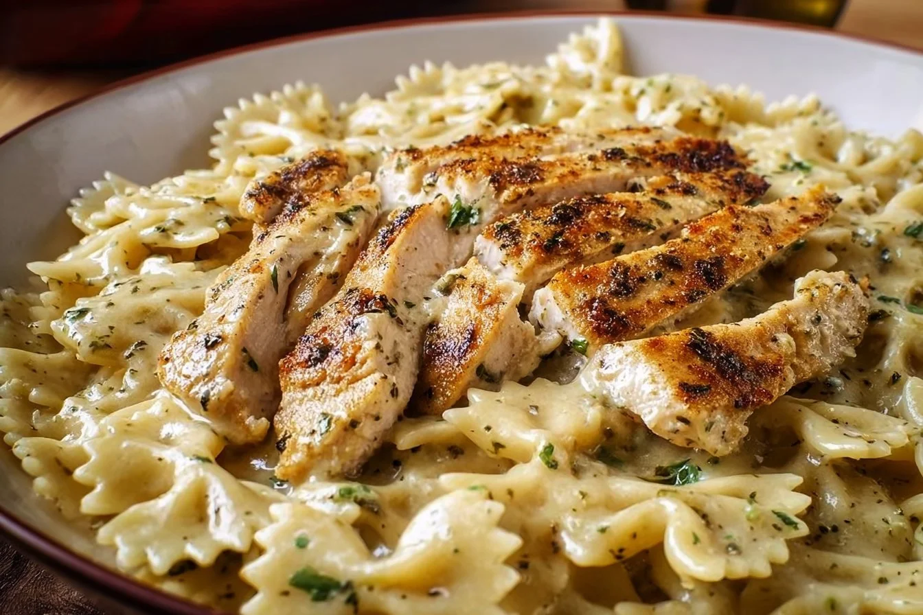 A delicious plate of Chicken Garlic Parmesan Pasta garnished with parsley.