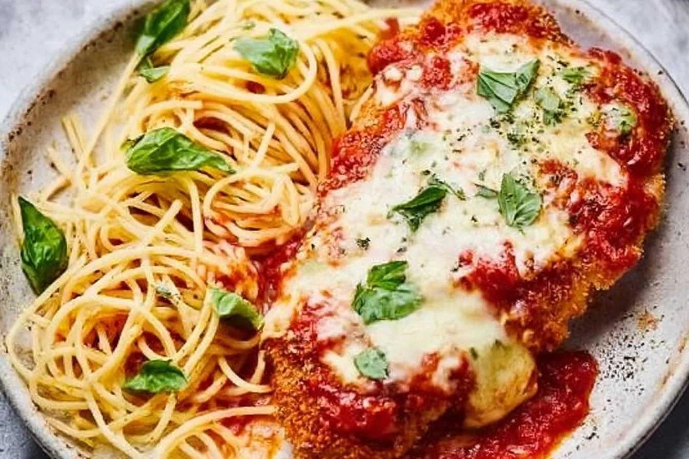 Delicious Chicken Parmesan served with marinara sauce and melted cheese