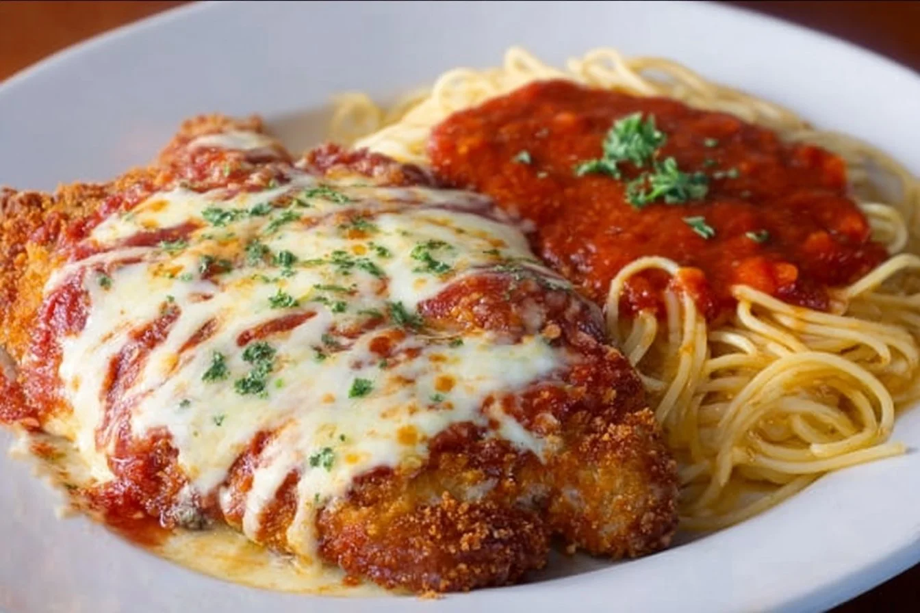 Homemade Chicken Parmesan topped with fresh marinara sauce and melted cheese