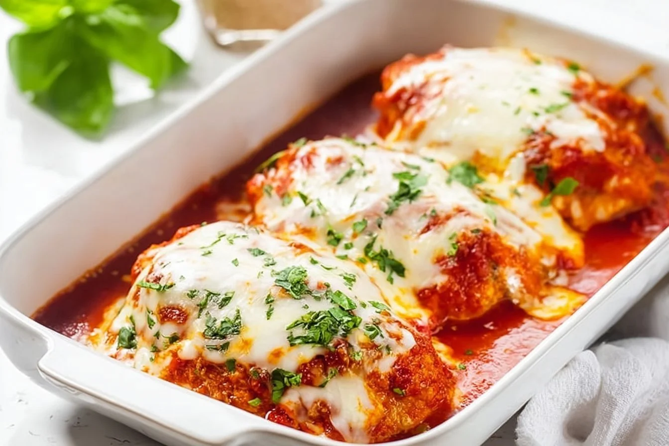 Chicken Parmesan 4 Deliciously baked Chicken Parmesan with cheese and marinara sauce