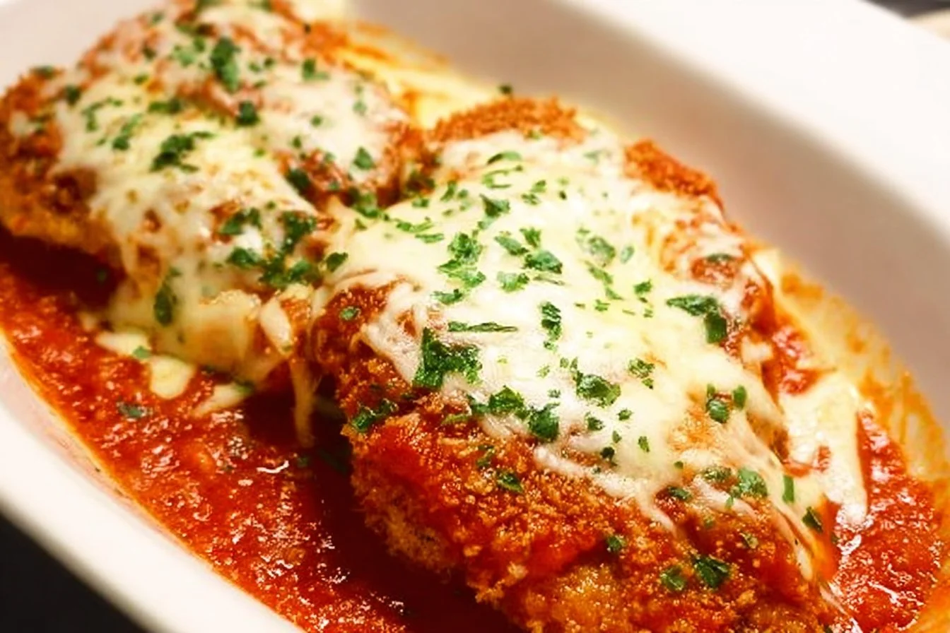 Delicious Chicken Parmesan served with pasta and garnished with parsley