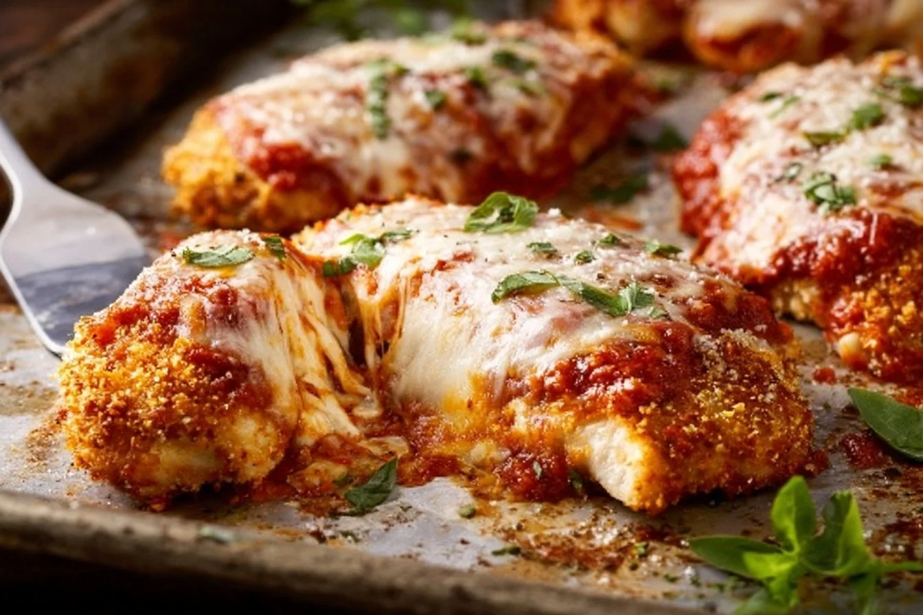 Delicious Chicken Parmesan garnished with fresh basil and cheese
