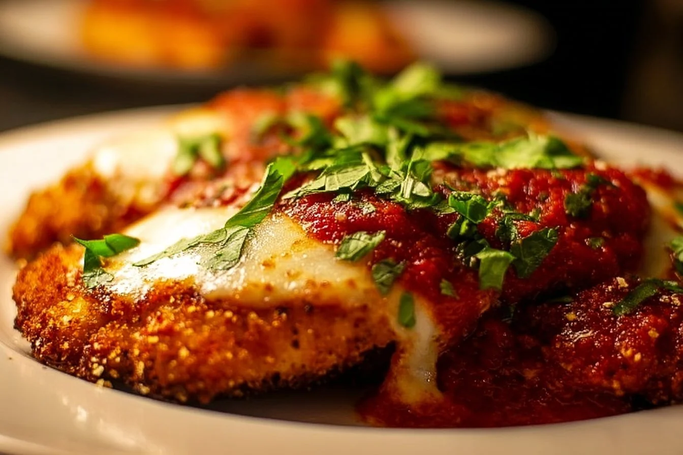 Chicken Parmesan 4 Plate of Chicken Parmesan garnished with herbs and served with pasta.