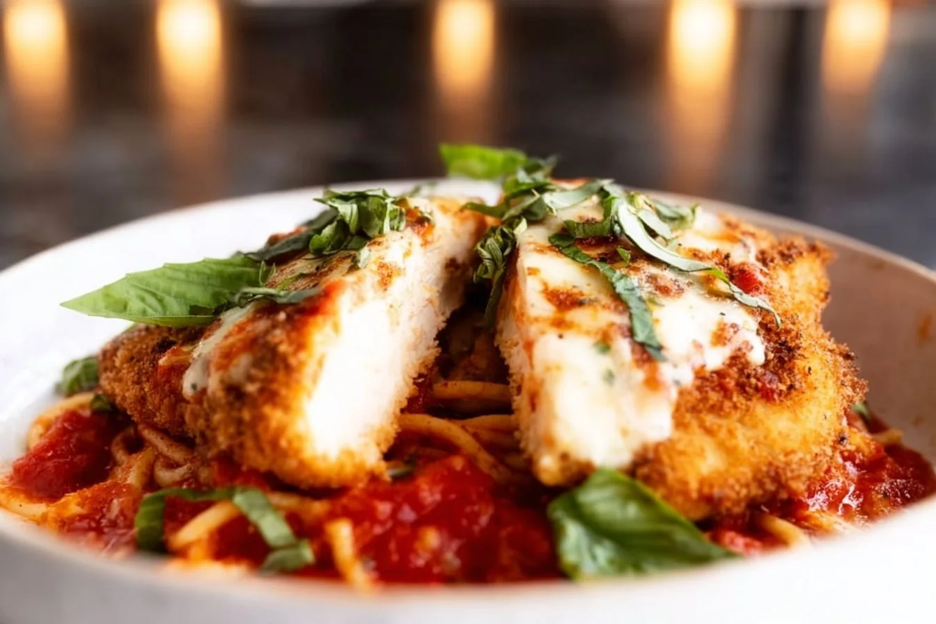Delicious Chicken Parmesan with marinara sauce and melted cheese