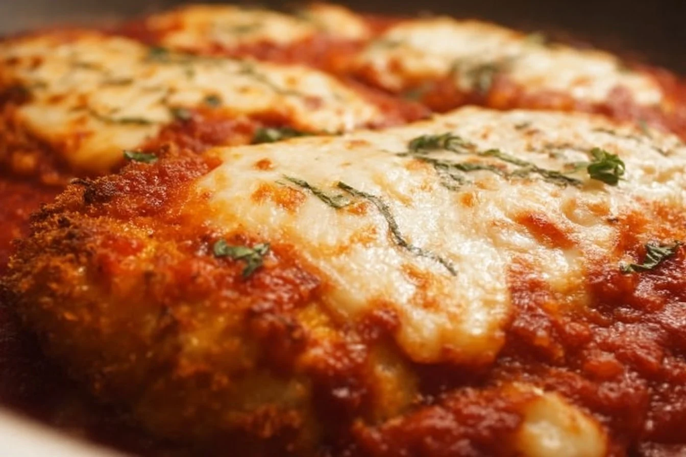 Delicious Chicken Parmesan topped with marinara and melted cheese on a plate.