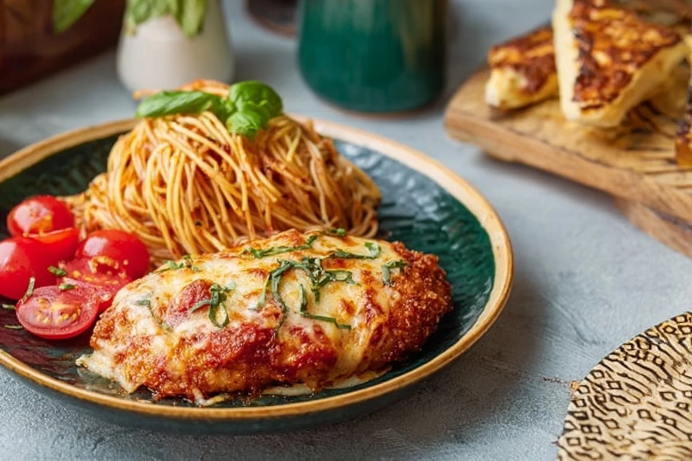 Delicious Chicken Parmesan topped with melted cheese and marinara sauce