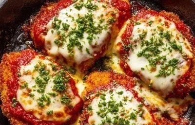 Delicious homemade Chicken Parmesan topped with melted mozzarella and fresh basil.
