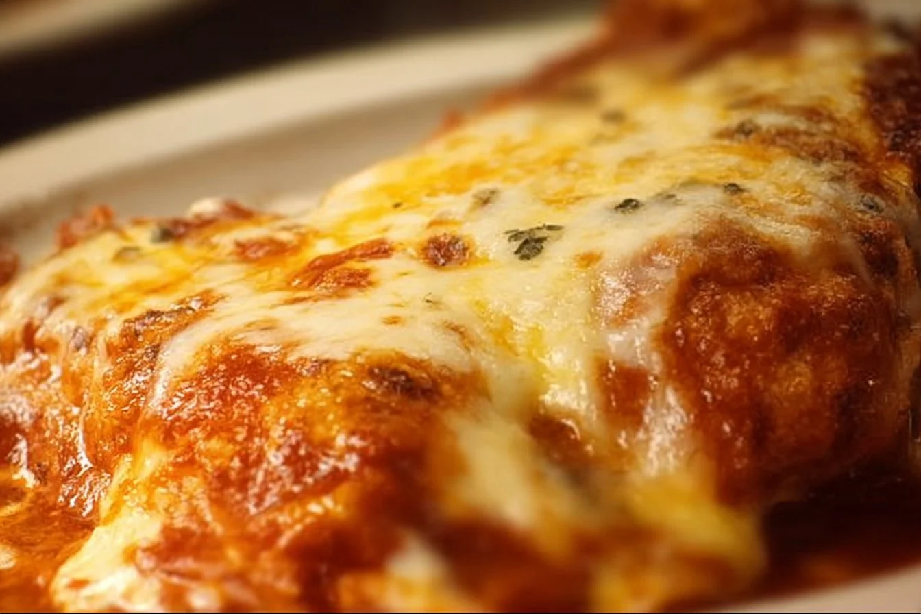 Delicious Chicken Parmesan topped with marinara sauce and melted cheese