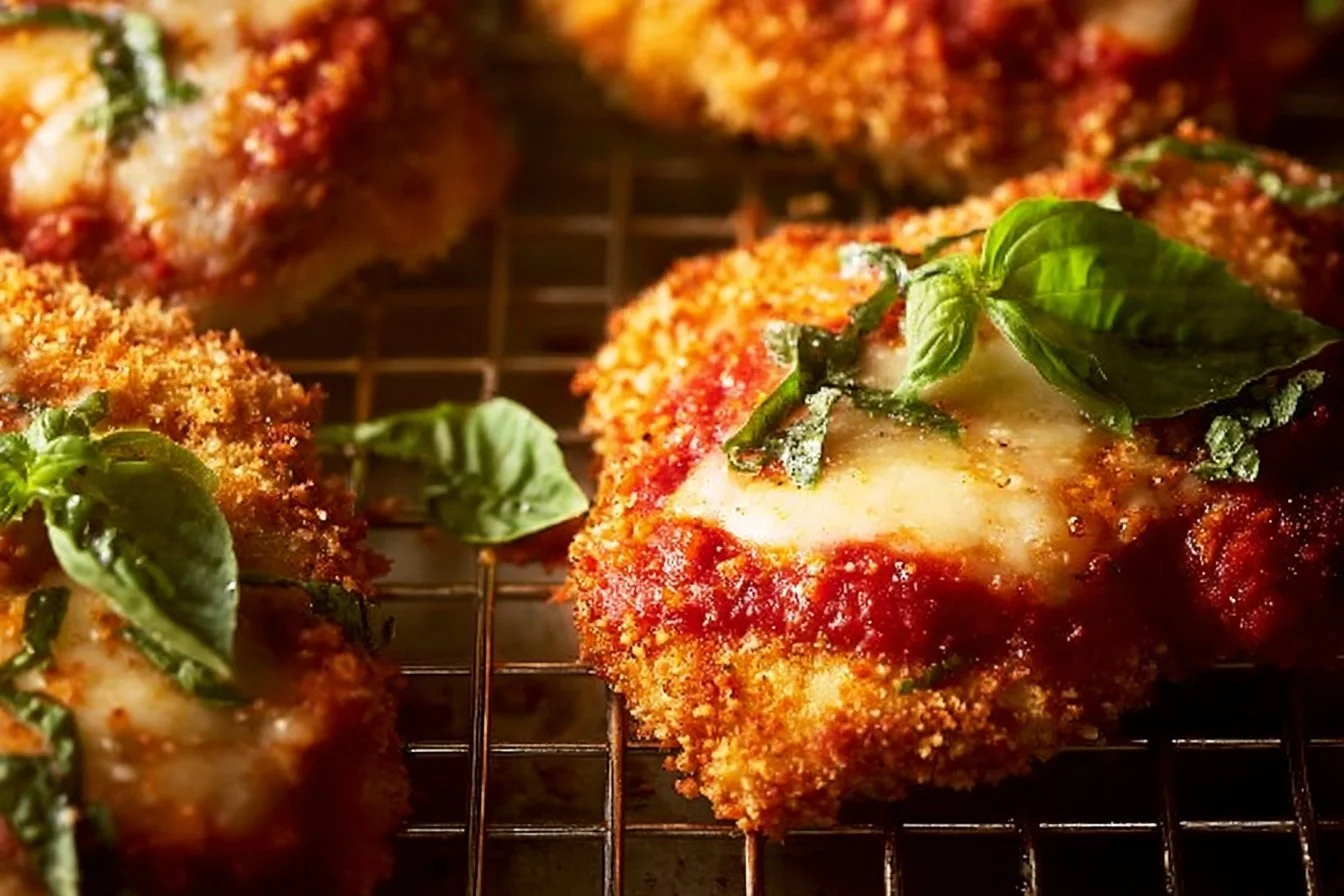 Chicken Parmesan 4 Delicious Chicken Parmesan topped with marinara sauce and melted cheese on a plate.