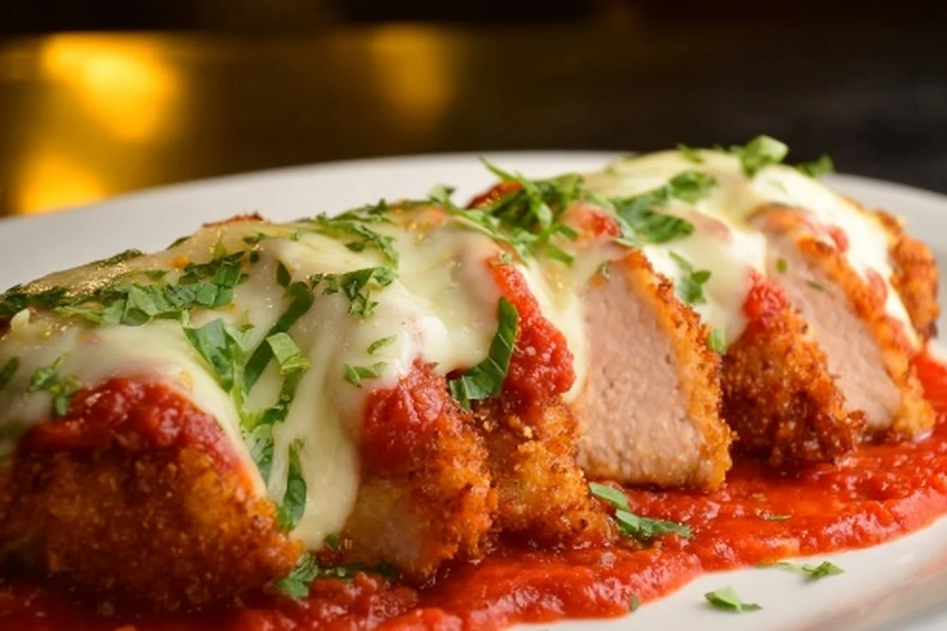 Delicious Chicken Parmesan with crispy breaded chicken and marinara sauce