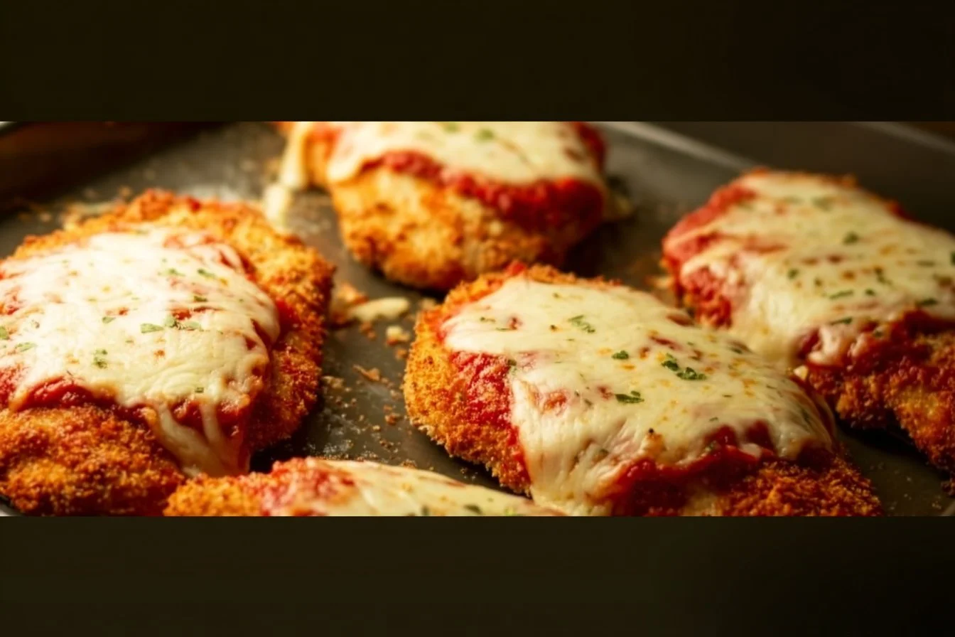 Delicious Chicken Parmesan served with marinara sauce and melted cheese